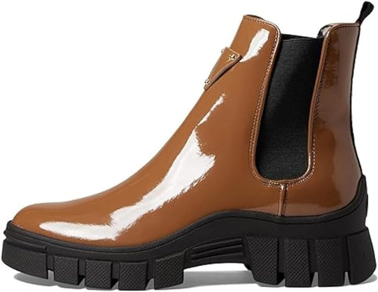GUESS Women's Hestia Lug Sole Hestia Block Heel Booties  Color Cognac/Black Size 5M
