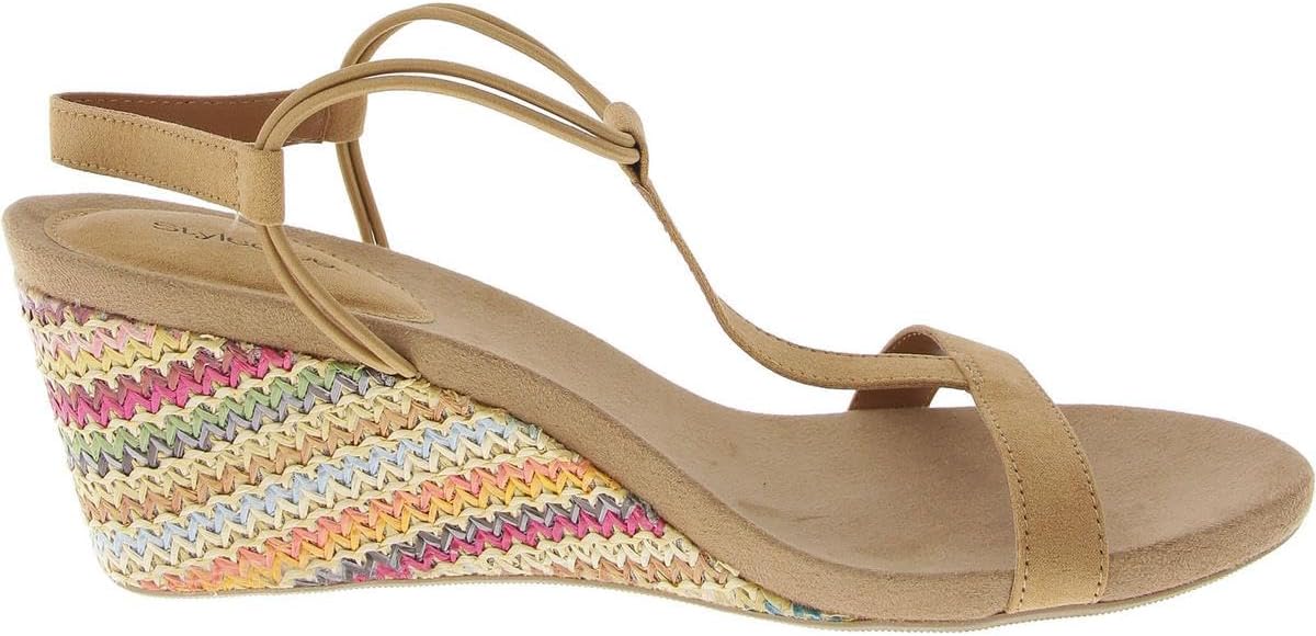 Style & Co Women's Mulan Faux Suede Wedge Sandals  Khaki Rainbow Raffia Size 10