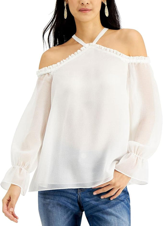 INC International Concepts Women's Solid Cold-Shoulder Top  Color Washed White Size L