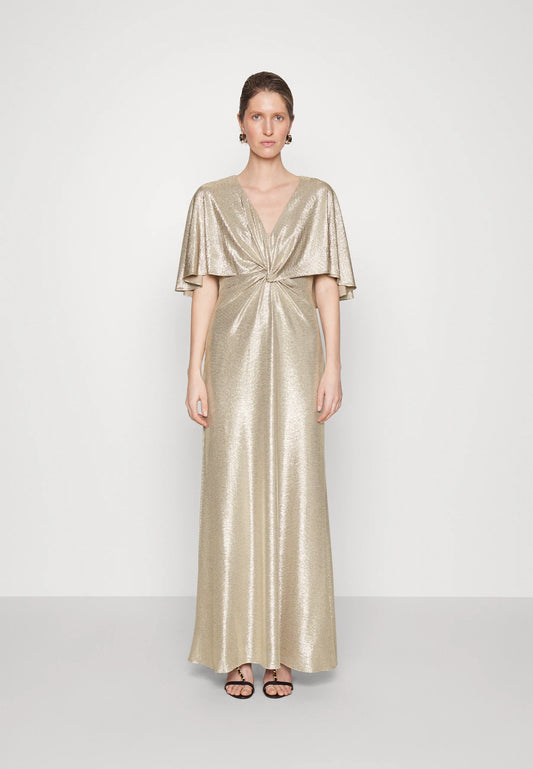 Lauren Ralph Lauren Women's Foil-Print Jersey Cape Gown  Color Birch Tan/Gold Foil Size 10