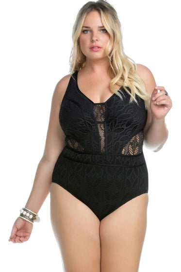 Becca ETC by Rebecca Virtue Plus Size Play Sheer Cut Out One Piece Swimsuit  Color Black Size 3X