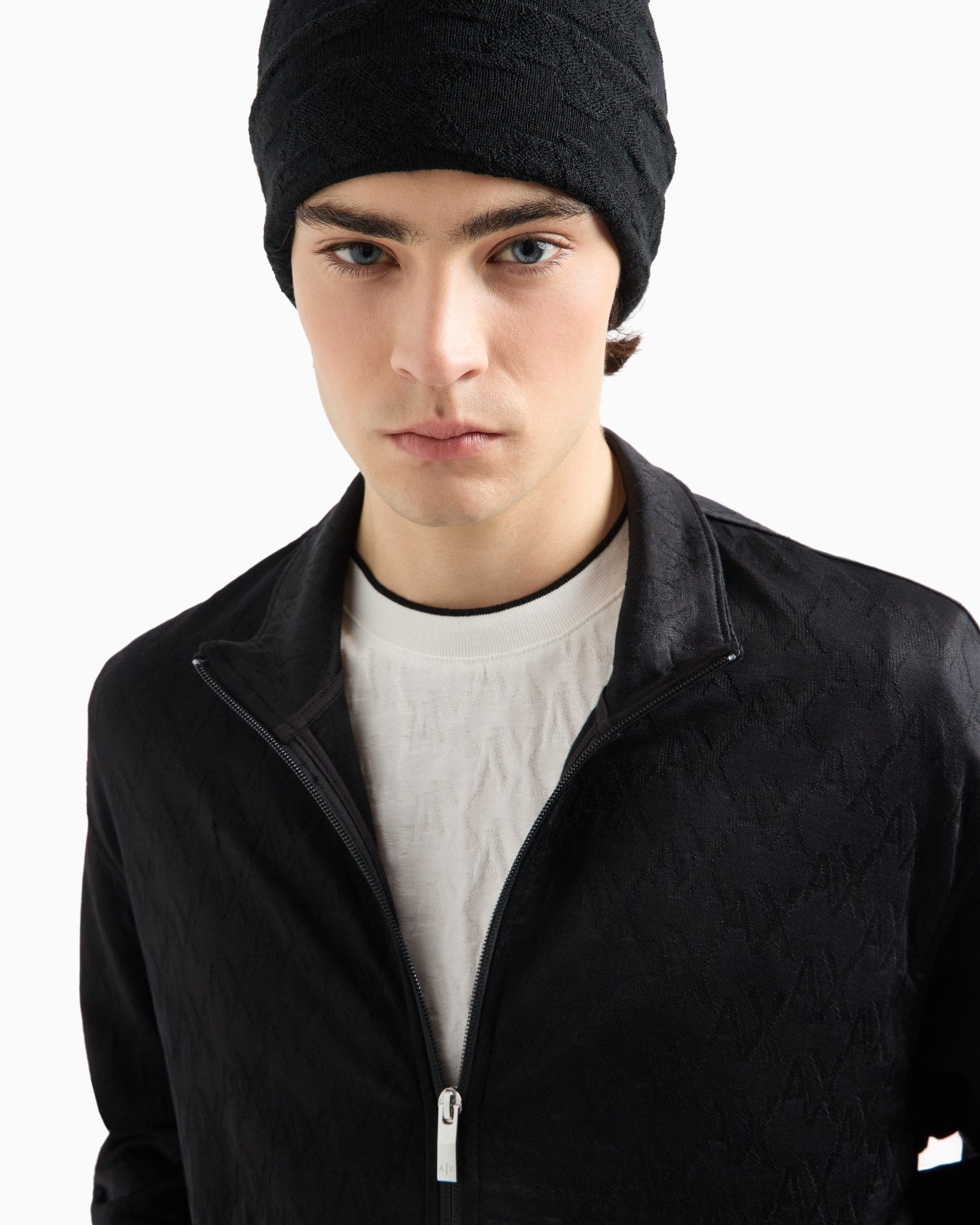 Armani Exchange Men's Tone-on-Tone Monogram Zip-up Sweatshirt  Black Size L