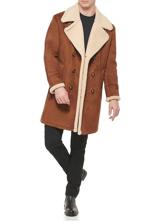 GUESS Men's Warm Faux-Shearling Overcoat  Cognac Size S