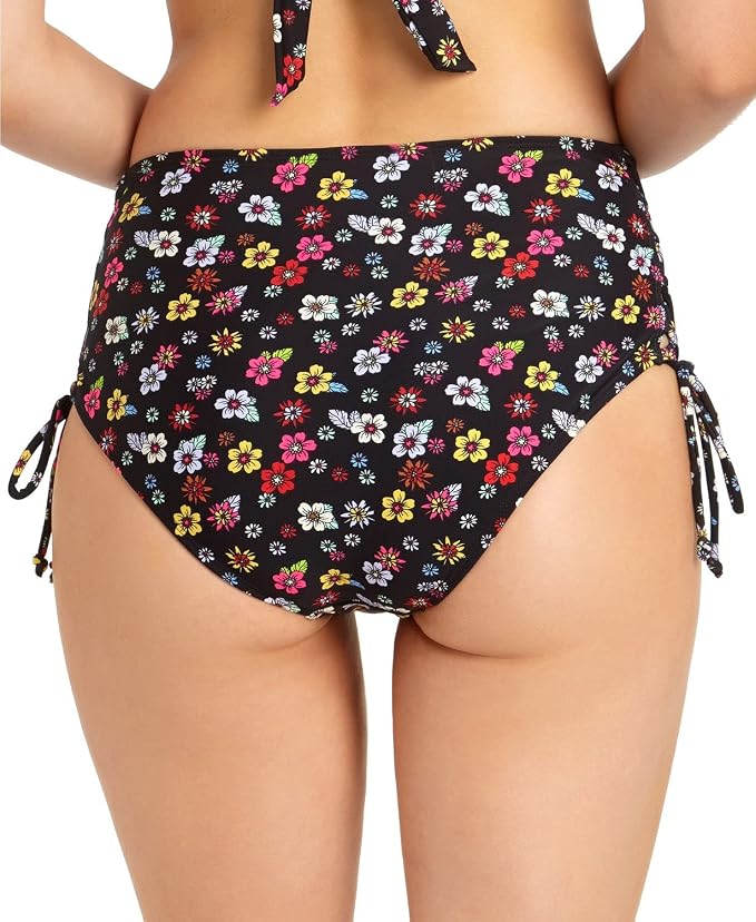California Waves Floral Strappy High-Waist Bikini Swim Bottoms 	 Black Floral Size XL