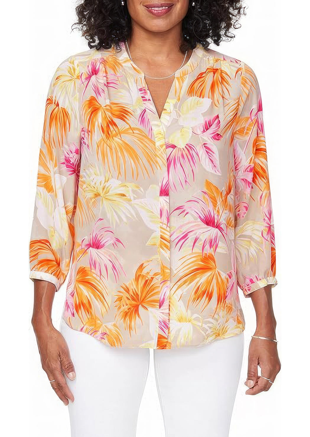 NYDJ Women's 3/4 Sleeve Pintuck Blouse  Beach Garden Size XS