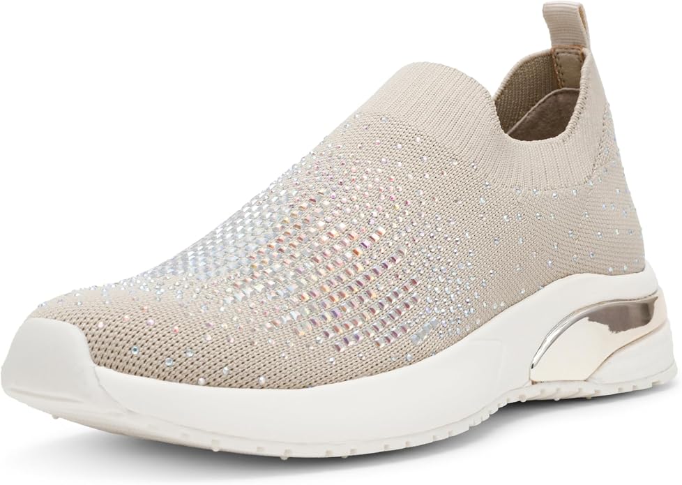 Anne Klein Women's Compete Embellished Slip On Sneakers  Bone Crystal Size 6