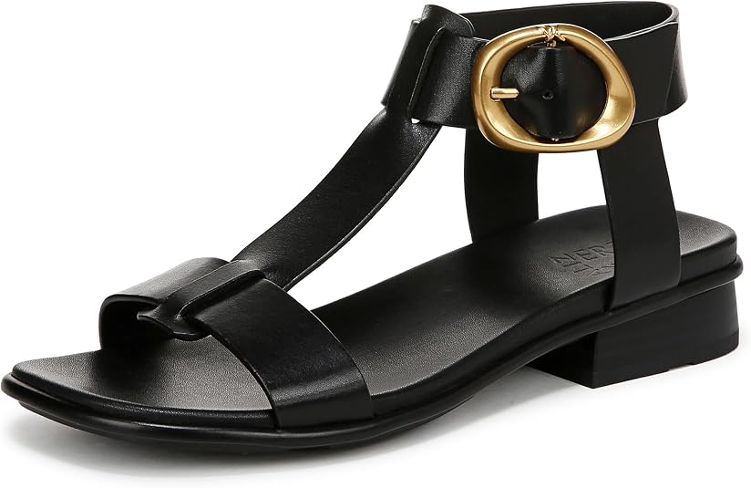 Naturalizer Women's Brandy T-Strap Block Heel Sandals  Coastal Black Leather Size 7