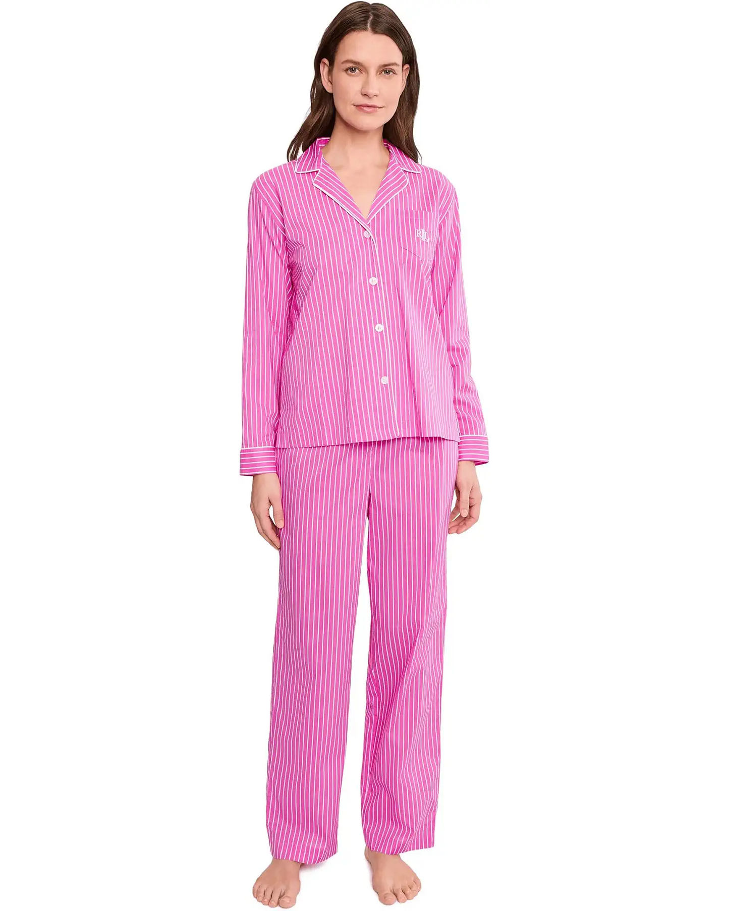 LAUREN RALPH LAUREN Women's Petite Printed Notched-Collar PJ Set  Pink Stripe Size PS