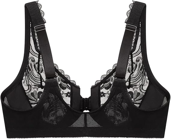 Glamorise Plus Size Wonderwire Lace Front-Closure Underwire Bra  Black Size 42F