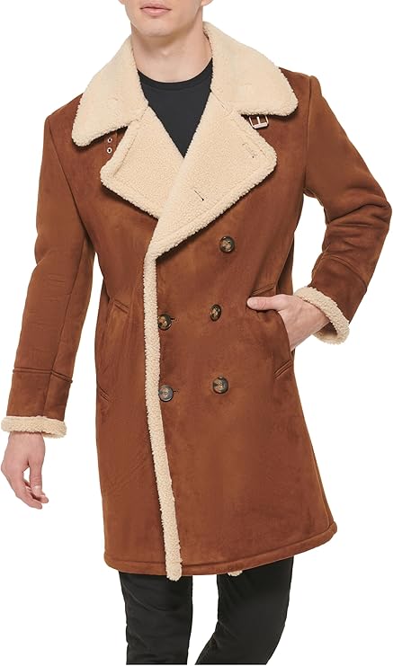 GUESS Men's Warm Faux-Shearling Overcoat  Cognac Size S