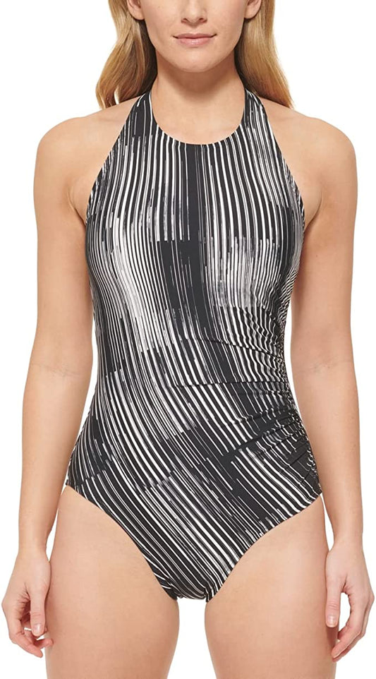 Calvin Klein Printed Side Shirred High Neck Halter Swimsuit   Color Black Multi Dry Brush Size 10