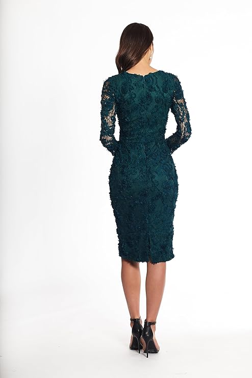 XScape Long Sleeve Raised Floral Lace Midi Length Dress  Hunter Green Size 12