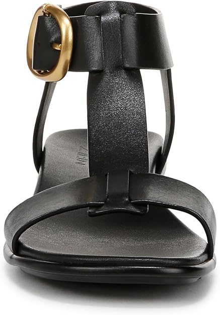 Naturalizer Women's Brandy T-Strap Block Heel Sandals  Coastal Black Leather Size 7