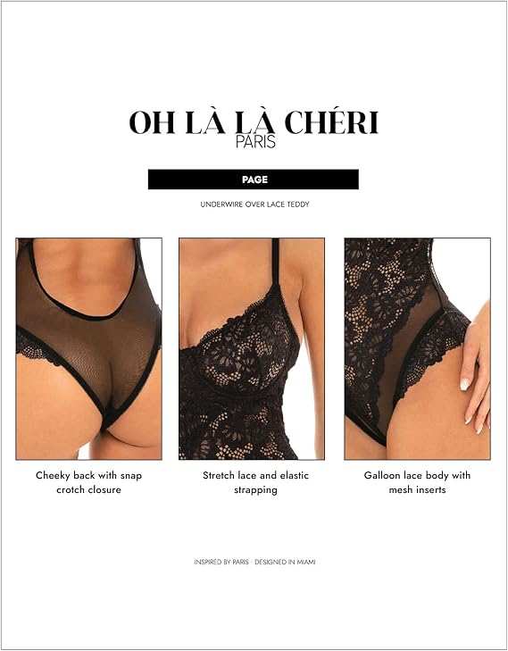 Oh La La Cheri Women's Unlined Lace Lingerie Teddy with Underwire  Black Size S