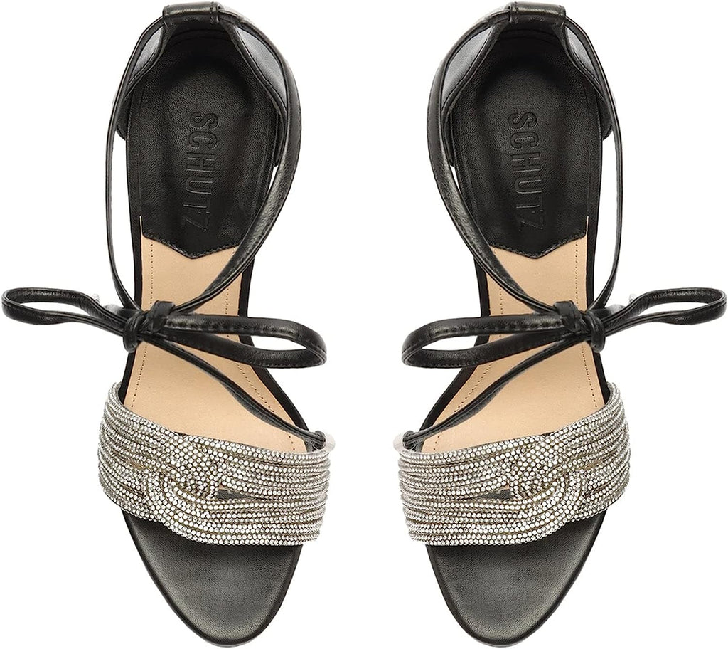 Schutz Andy Embellished Leather Heeled Ankle-Tie Sandals   Color Black/Cristal Size 7.5B