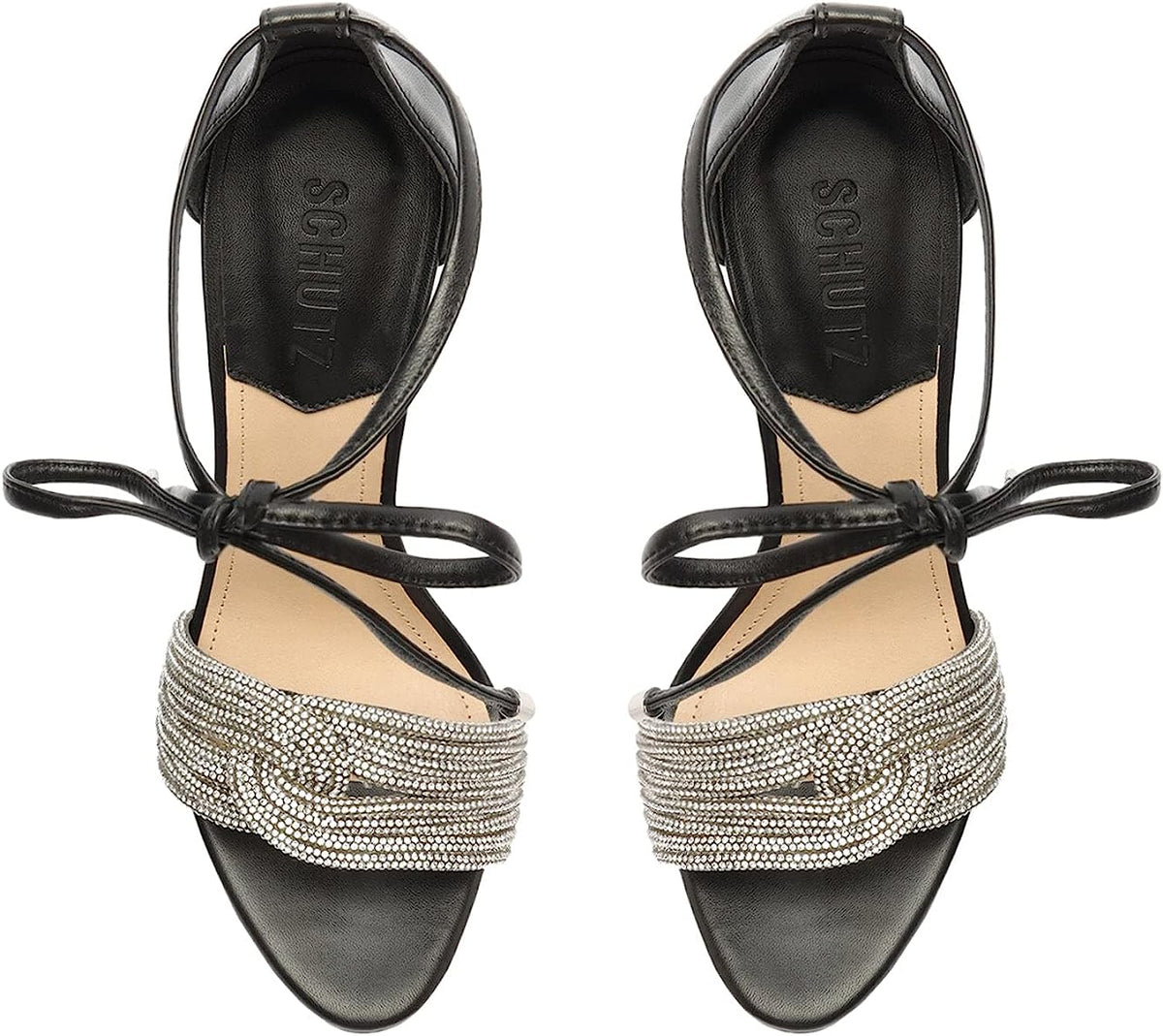 Schutz Andy Embellished Leather Heeled Ankle-Tie Sandals   Color Black/Cristal Size 7.5B