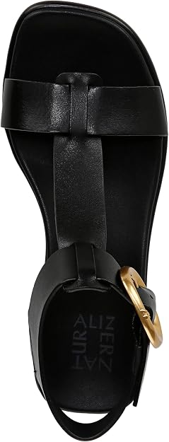 Naturalizer Women's Brandy T-Strap Block Heel Sandals  Coastal Black Leather Size 7