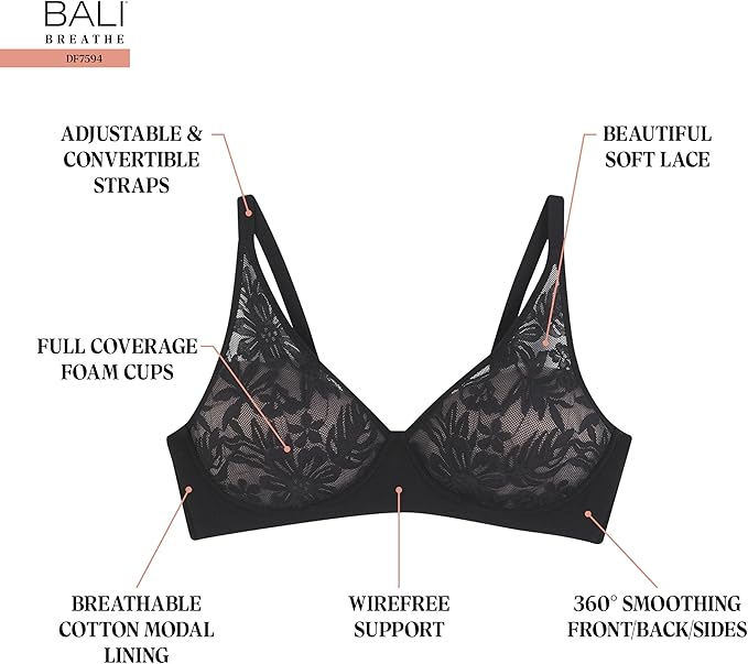 Bali Breathe Wireless Modal T-Shirt Convertible Bra  Black Size L