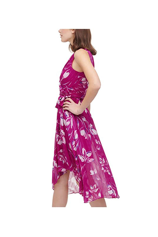 DKNY Tie Ruffled Metallic Floral Cocktail Faux Wrap Dress  Color Berry Multi Size 4