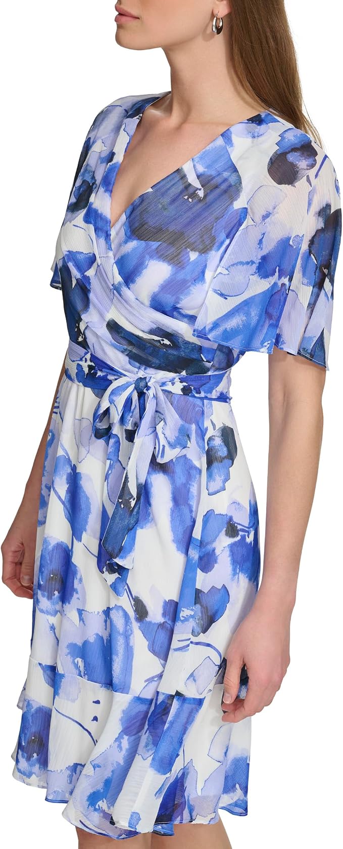 DKNY Women's Surplice-Neck Cape-Sleeve Chiffon Dress  Marine Multi Size 8 (No Tag)