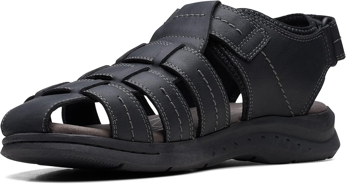 Clarks Men's Walkford Fish Tumbled Leather Sandals   Black Tumbled Size 10