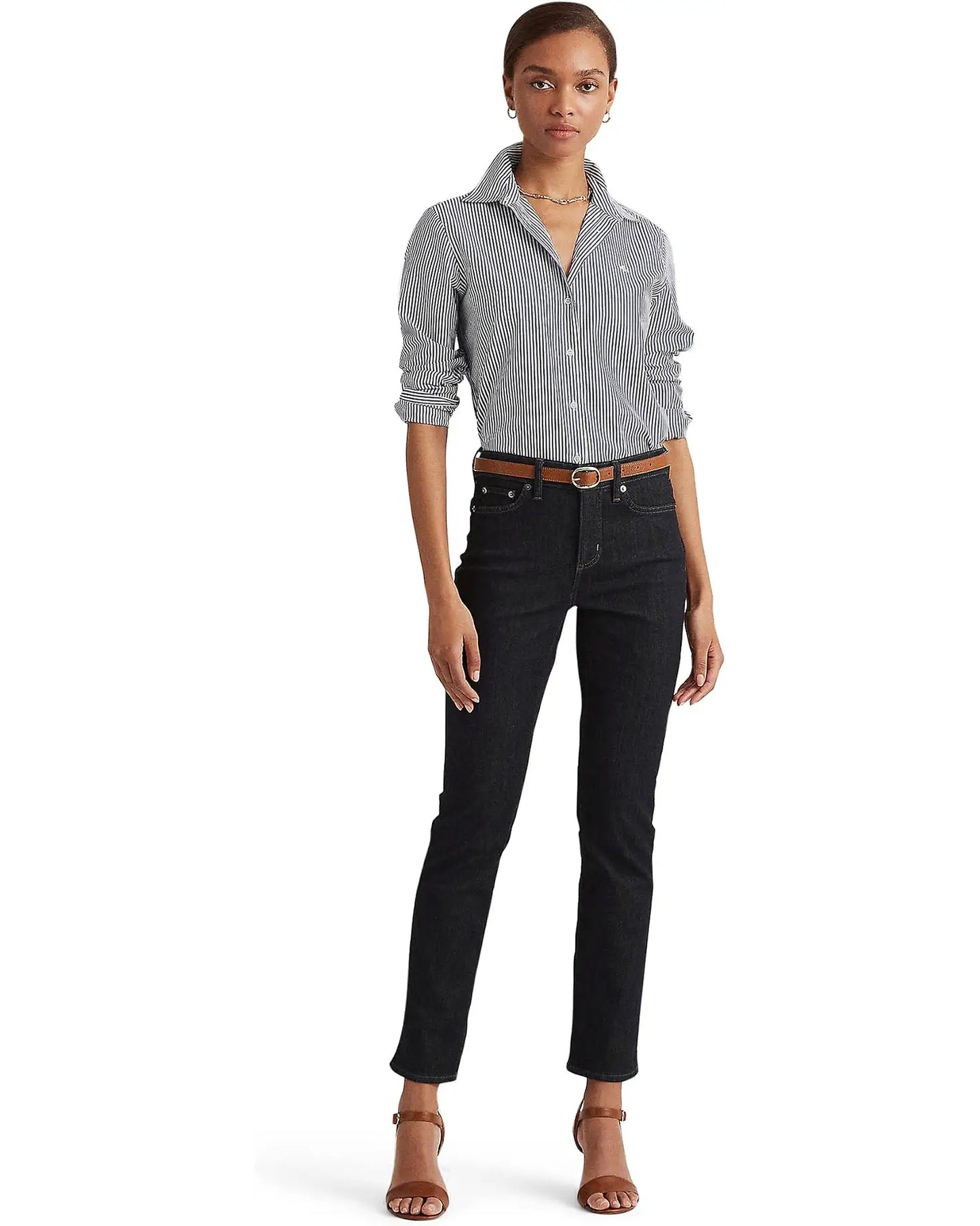 LAUREN RALPH LAUREN Women's Long Sleeve Button Front Shirt  Black Size M