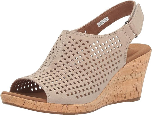 Rockport Women's Briah Perf Sling Wedge Sandal  Color Taupe Leather Size 8.5M