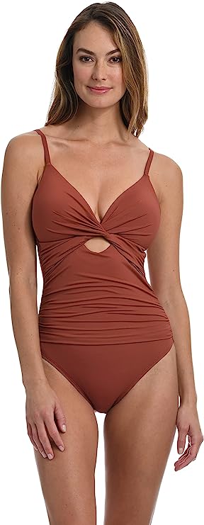 La Blanca Twist-Front Keyhole One-Piece Swimsuit  Color Cinnamon Size 14