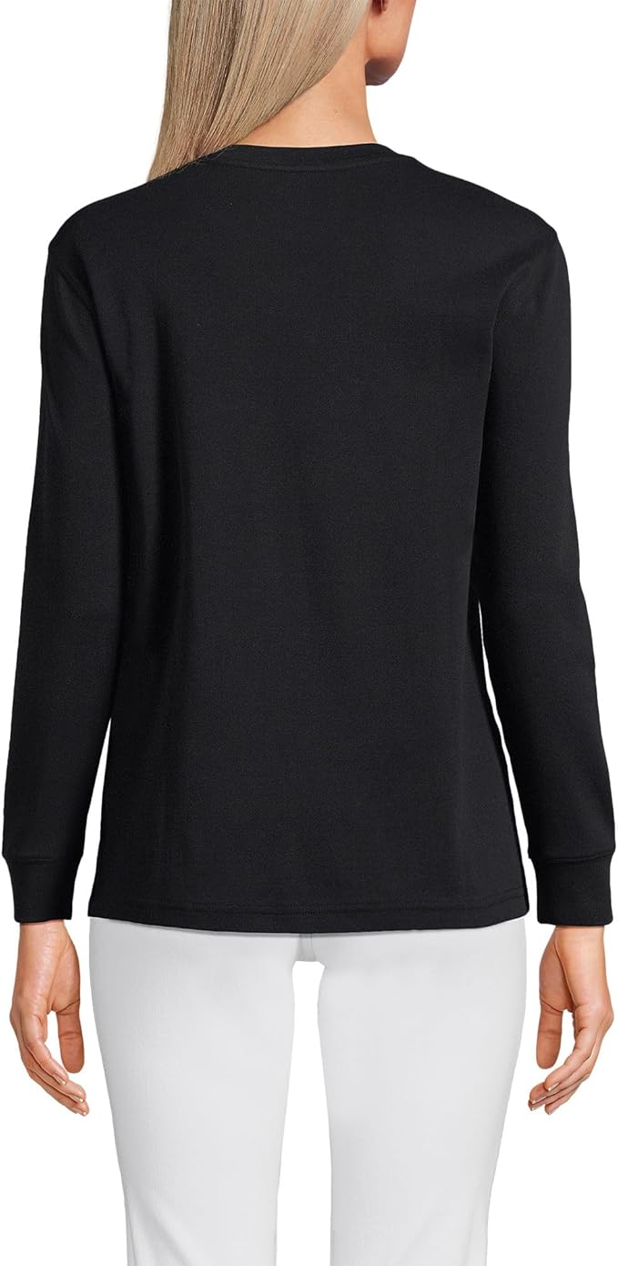 Lands End Women's Long Sleeve Cotton Interlock Crew T-Shirt  Black Size M