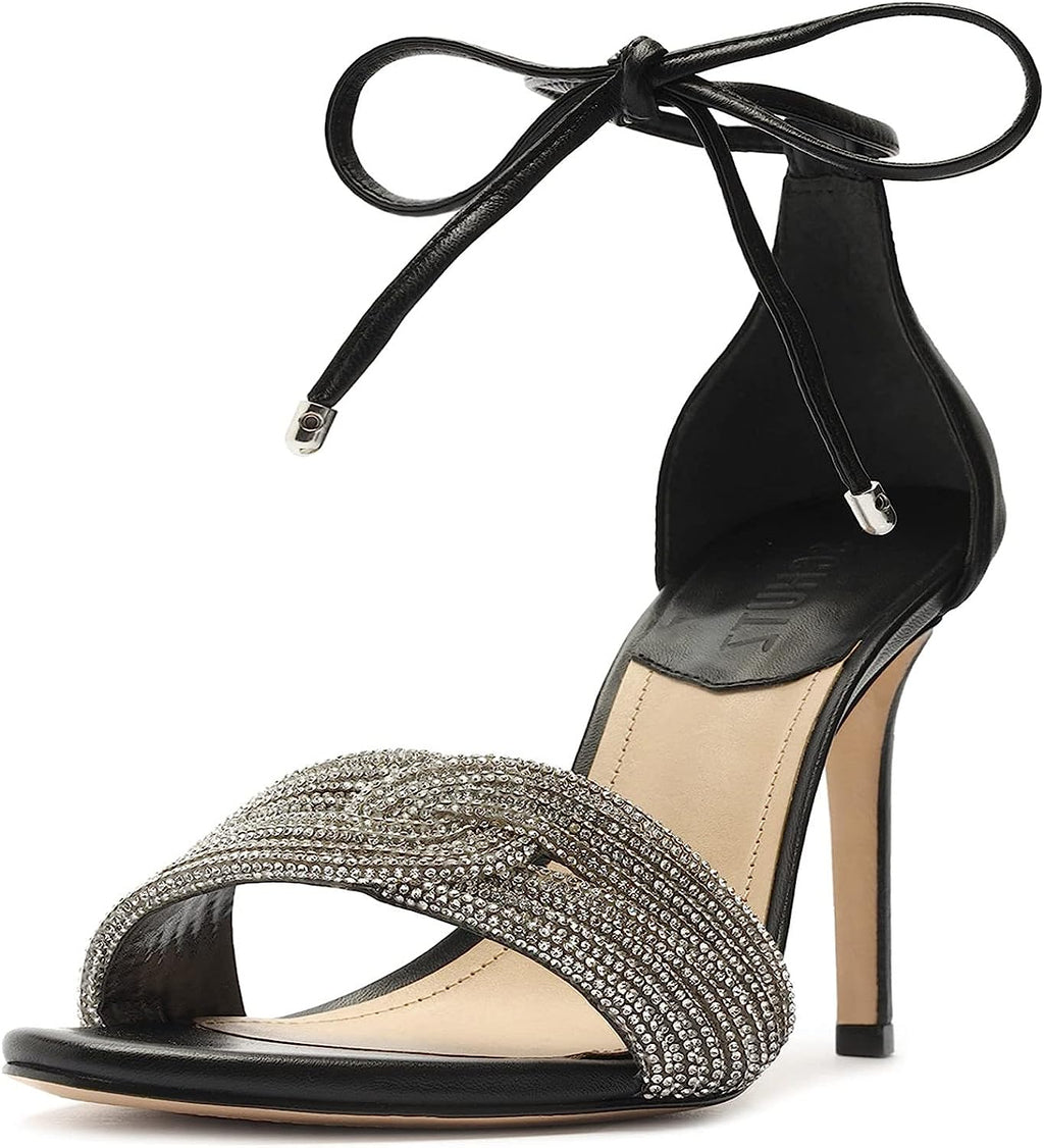 Schutz Andy Embellished Leather Heeled Ankle-Tie Sandals   Color Black/Cristal Size 8B