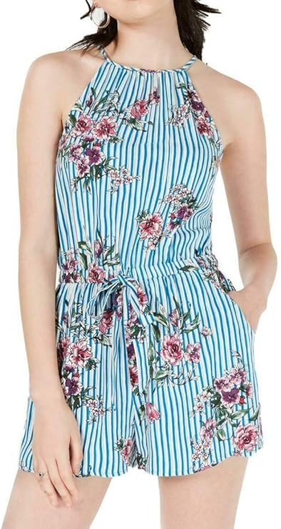 BeBop Junior's Striped Halter Floral Keyhole Romper  Blue Multi Size XL