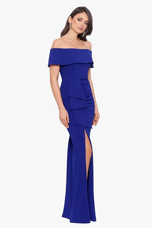 XSCAPE Off-The-Shoulder Scuba Crepe Slit Gown  Marine Size 14