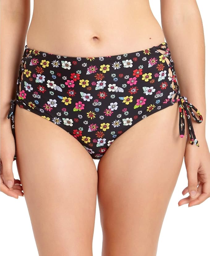 California Waves Floral Strappy High-Waist Bikini Swim Bottoms 	 Black Floral Size XL