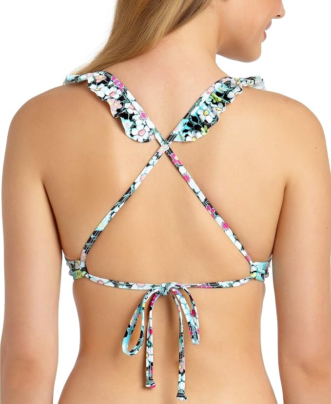 California Waves Juniors' Floral Ruffle X-Back Underwire Push-Up Bikini Top  Color Blue Multi Size L