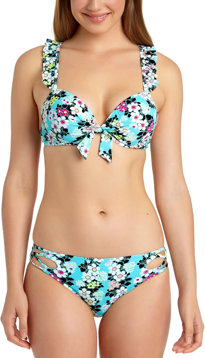California Waves Juniors' Floral Ruffle X-Back Underwire Push-Up Bikini Top  Color Blue Multi Size L
