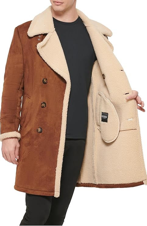 GUESS Men's Warm Faux-Shearling Overcoat  Cognac Size S