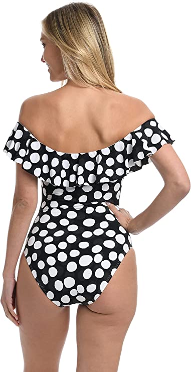 La Blanca Island Goddess Off Shoulder Ruffle One Piece Swimsuit  Color Black/White Size 6