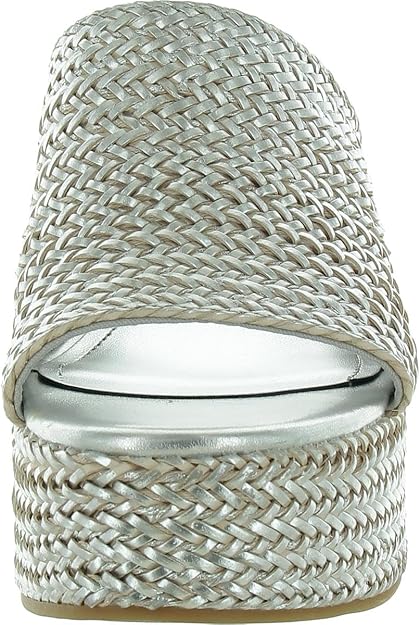 GUESS Women's Yenisa Platform Slip-On Mule Sandals  Silver Metallic Weave Size 7