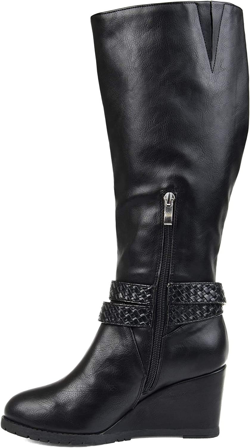 Journee Collection Women's Garin Braid Strap Wedge Extra Wide Calf Boots  Color Black Size 9XWC