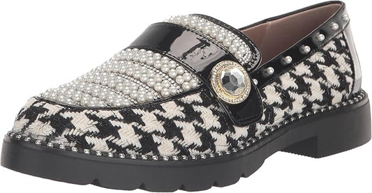 Betsey Johnson Women's Mariam Patent Trim Embellished Loafers  Houndstooth Size 6