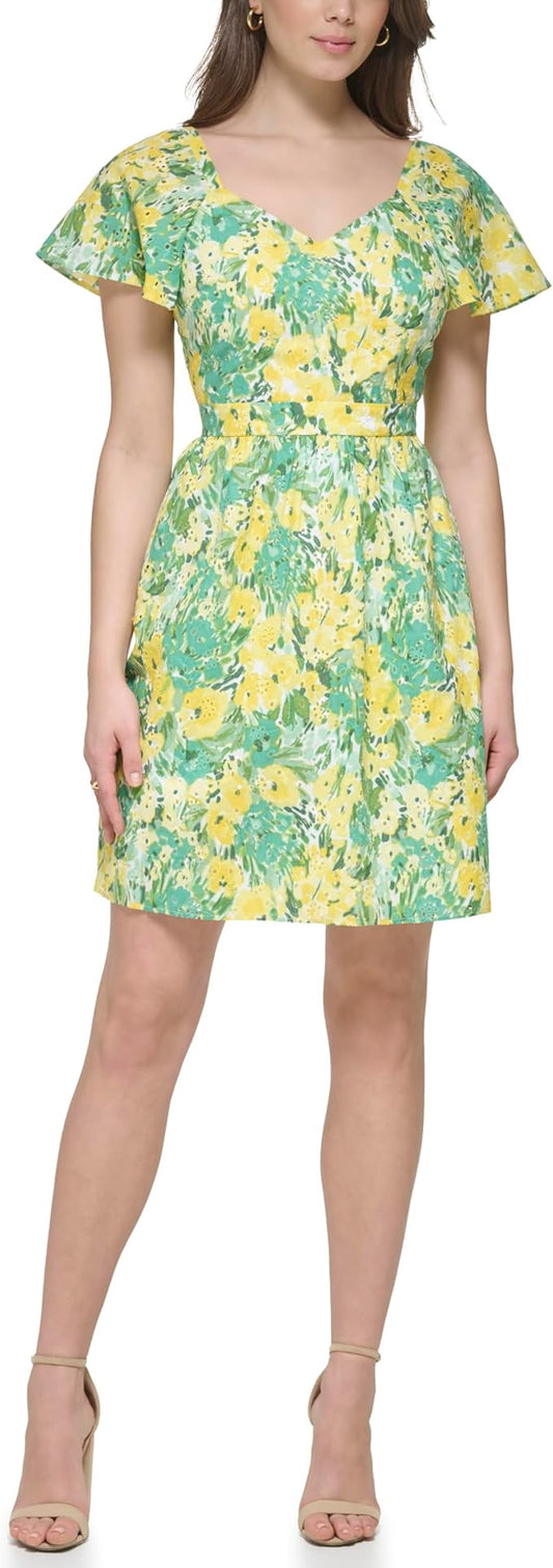 kensie Printed Eyelet Fit Flare Mini Dress  Citron Multi Size 4