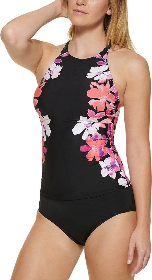 Calvin Klein Printed High-Neck Cross-Back Tankini Top  Color Black Energy Size XS
