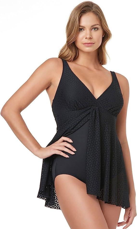 Swim Solutions Women's Crochet Flyaway Tummy Control Swimdress  Color Black Size 8