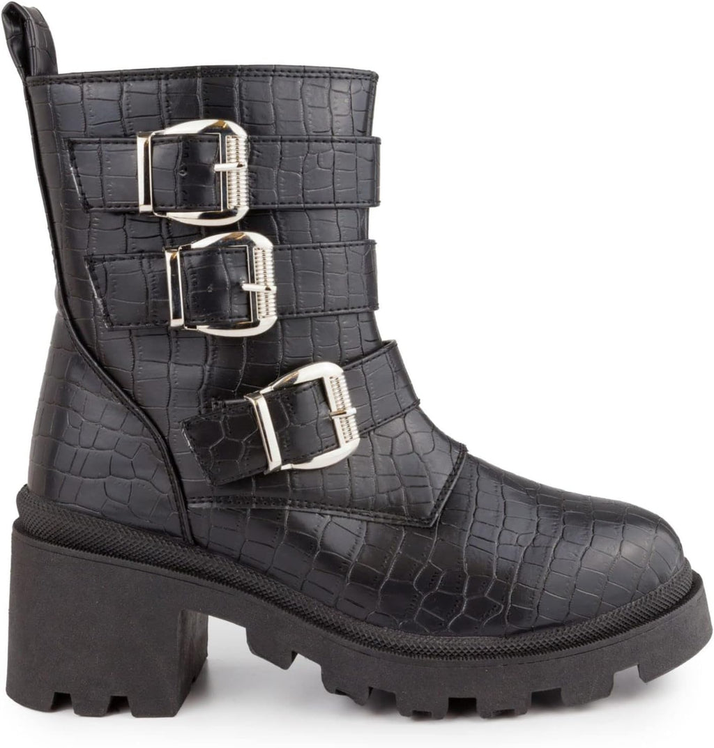 Sugar Women's Filo Buckled Lace-up Platform Boots  Color Black Croco Size 7M