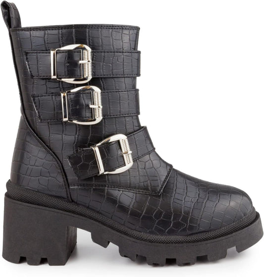 Sugar Women's Filo Buckled Lace-up Platform Boots  Color Black Croco Size 7M