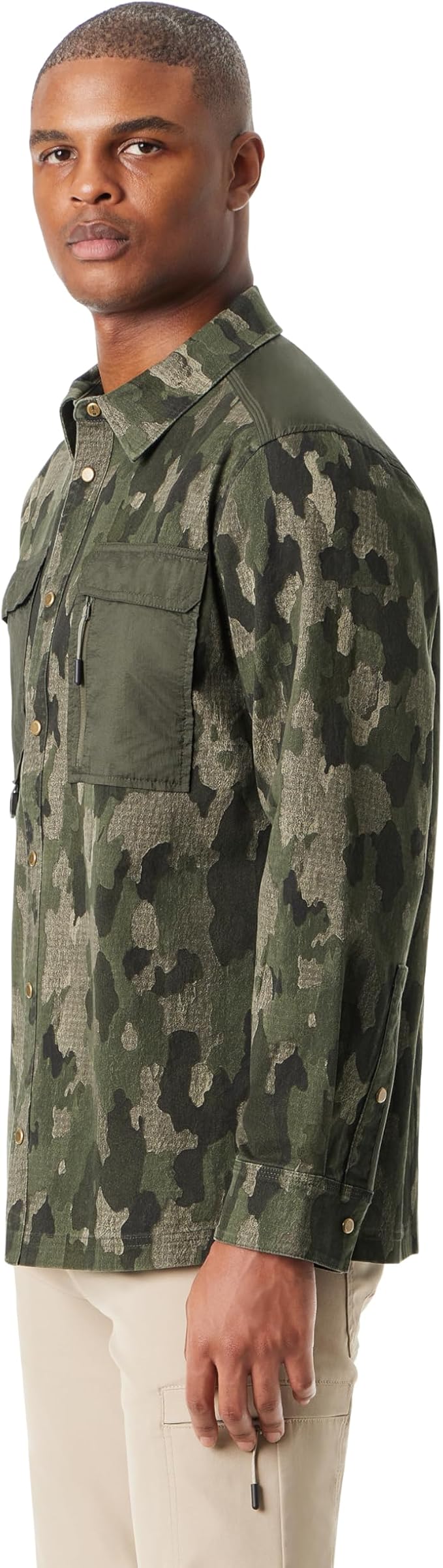 BASS OUTDOOR Men's Relaxed Fit Camo Worker Snap Front Shirt Jacket  Beluga Size M