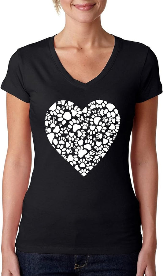LA Pop Art Women's Word Art Paw Prints Heart T-Shirt  Color Black Size XL