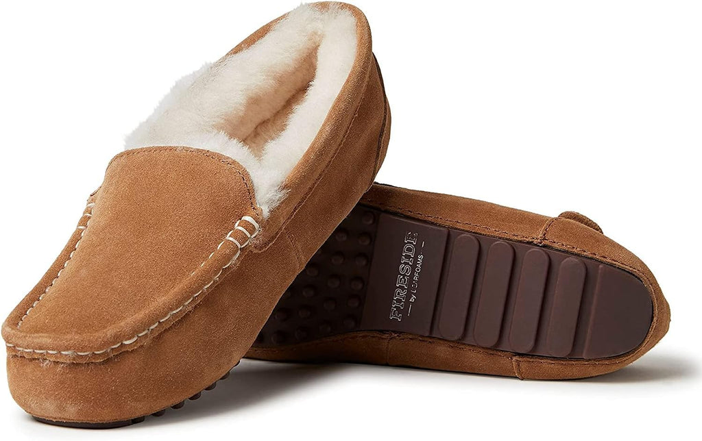 Fireside by Dearfoams Women's Shearling Victoria Moccasin Slippers  Color Chestnut Size 10M