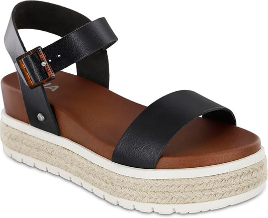 MIA Shoes Kiera Platform Espadrille Raffia Sole Sandals  Black Bona Size 6