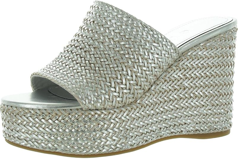 GUESS Women's Yenisa Platform Slip-On Mule Sandals  Silver Metallic Weave Size 7